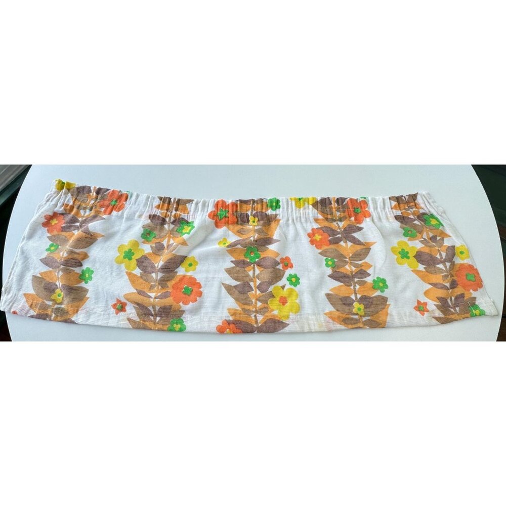 Vintage 1960s curtain valance, orange yellow brown flowers, tier panel, for 1